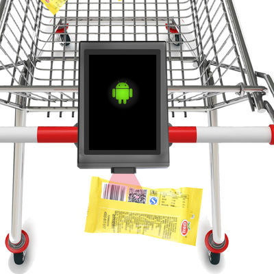 Controllatore mobile nero fissato su carrello della spesa con batteria per carrello della spesa interno