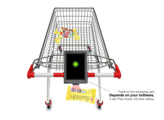 Controllatore mobile nero fissato su carrello della spesa con batteria per carrello della spesa interno